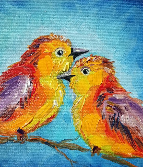 Orange birds - oil painting, bird, love, birds in love, birds oil painting, gift, bird art, art bird, animals oil painting