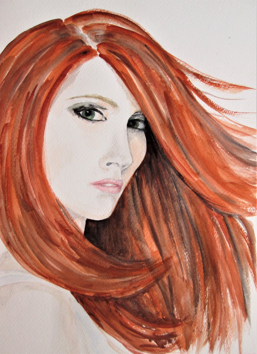Expressive Portrait Watercolour By Marjansart, 9 X 13", Portrait Of Red Haired Woman, Original Artwork