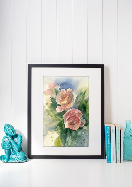 Delicate pink roses, watercolor ala prima
