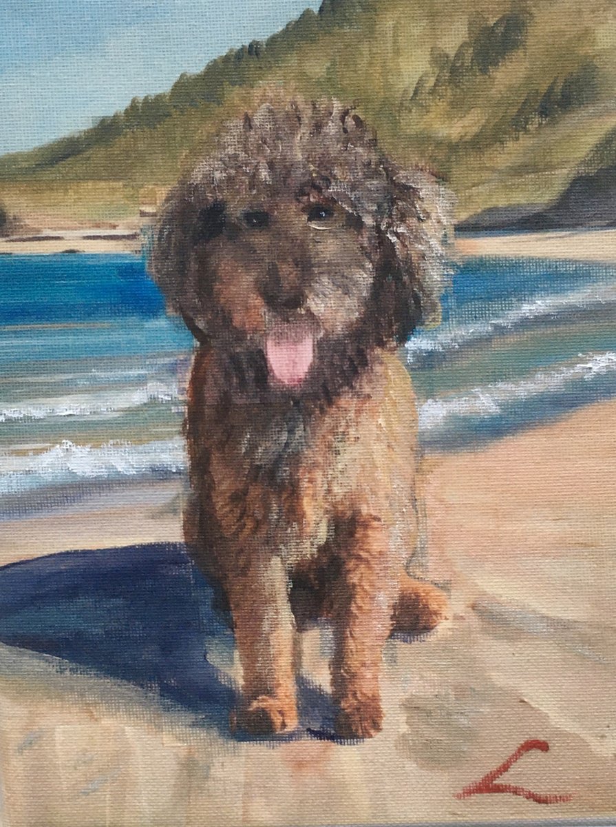 Impressionistic Animal Oil Painting By Elena Sokolova, 7 X 9, Coastal Scene With A Dog 2, Original Artwork