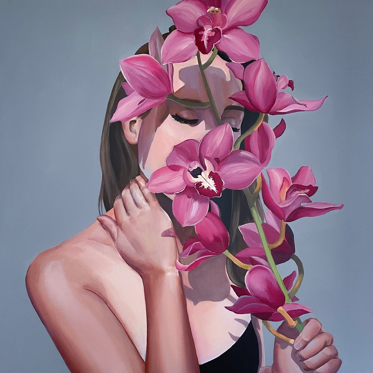 Portrait Acrylic Painting By Elina Zelena, 22 X 22, In The Shadow Of An Orchid, Original Artwork