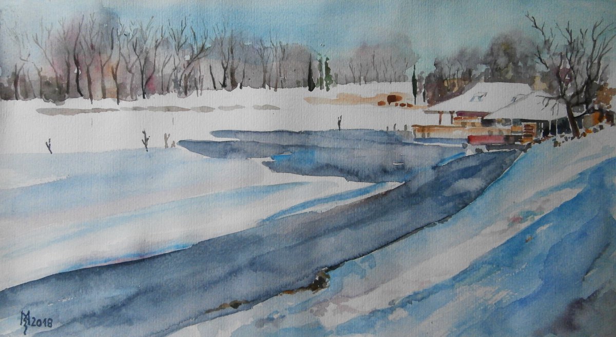Impressionistic Watercolour , Frozen Lake By Zoran Mihajlovic Muza, 14 X 8, Artwork For Sale On Artfinder