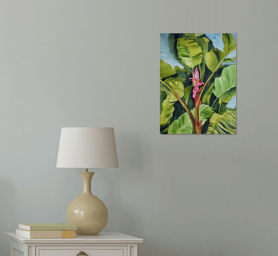 Banana blossom and palms - original tropical watercolor