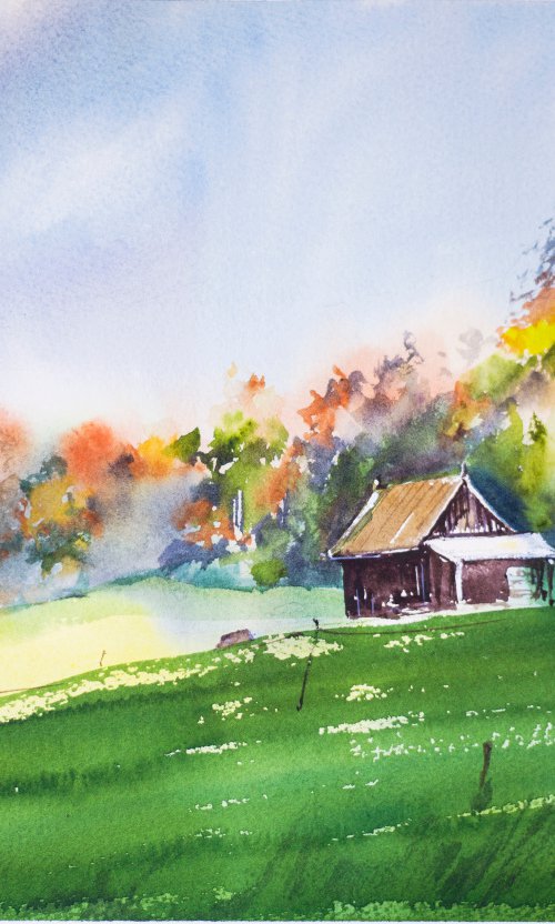 Farmhouse in Zug. Switzerland nature landscape watercolor mood interior green sun shadow light by Sasha Romm