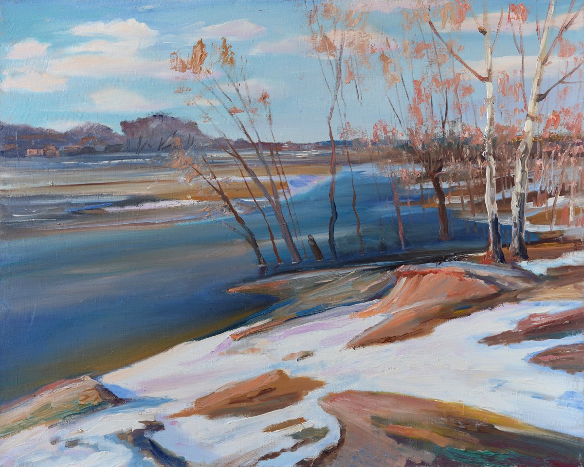 Impressionistic Landscape Oil Painting By Vyacheslav Onyshchenko, 35 X 28", The Ice Has Gone, Original Artwork
