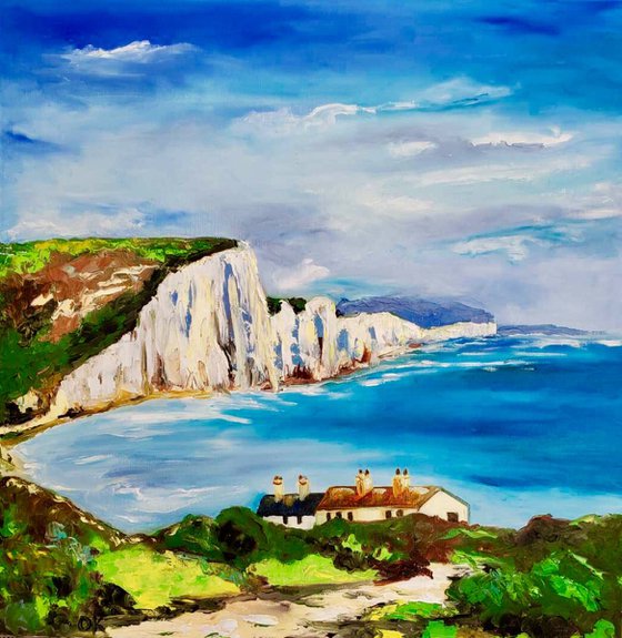 SEVEN SISTERS,   CLIFFS, SUSSEX , ENGLISH LANDSCAPE, OIL PAINTING. OFFICE URBAN WALL ART