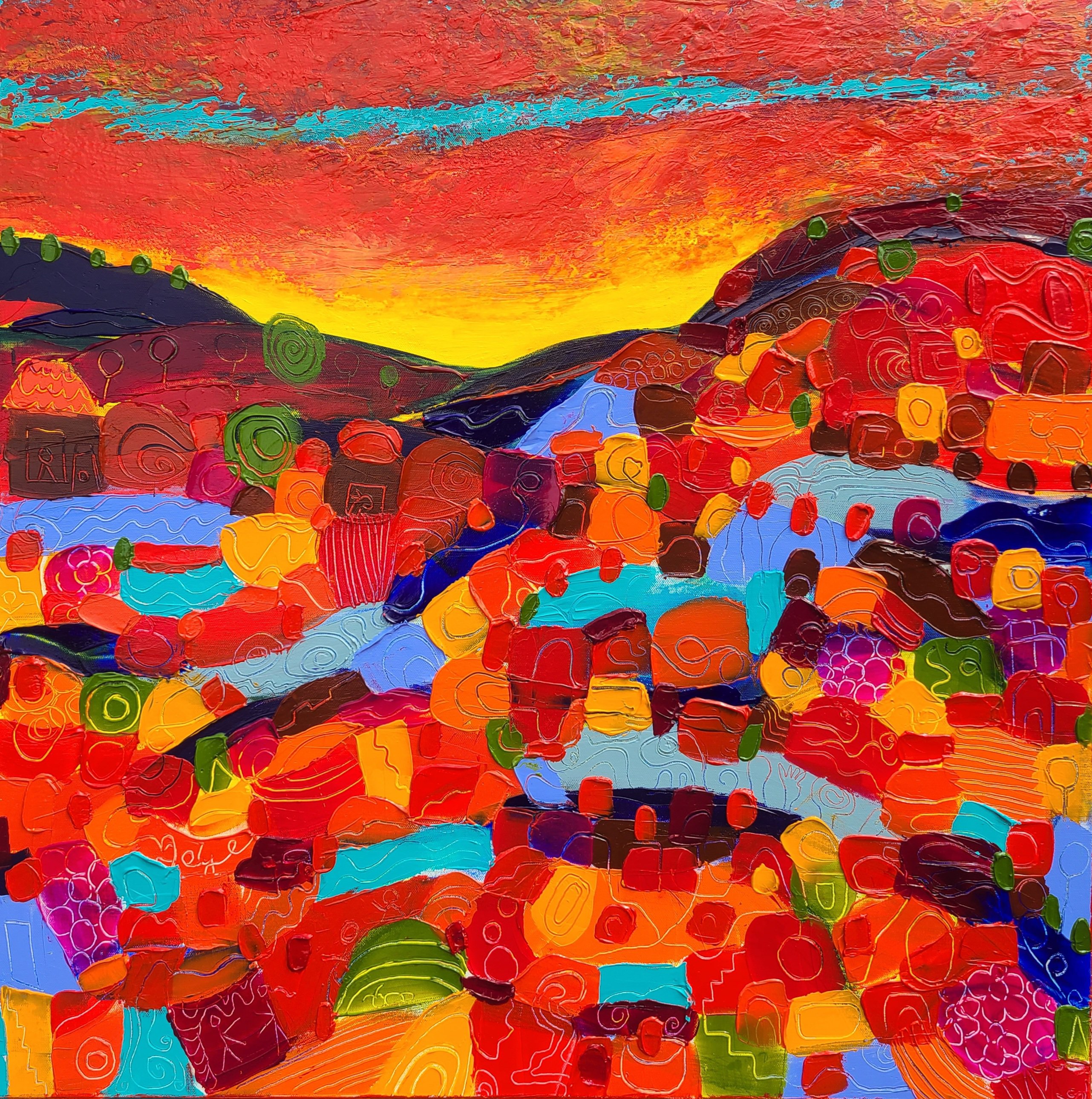 Geometric Landscape Acrylic Painting By Stacy Neasham, 30 X 30", Southwest Skies, Original Artwork