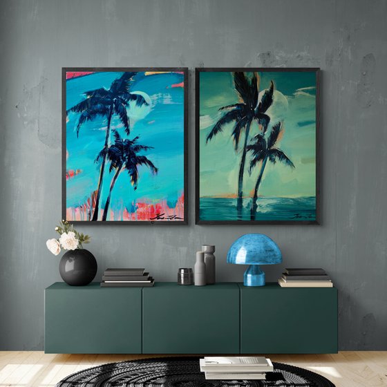 Big XXL painting - "Bright palms" - Pop Art - Palms and Sea - Night Seascape - Huge painting