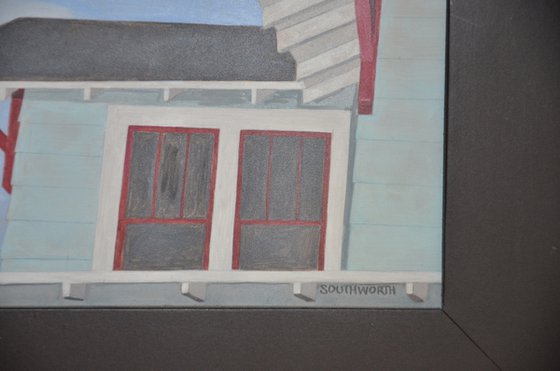 Small Painting of Vintage House and Sky - "Azure Avenue"