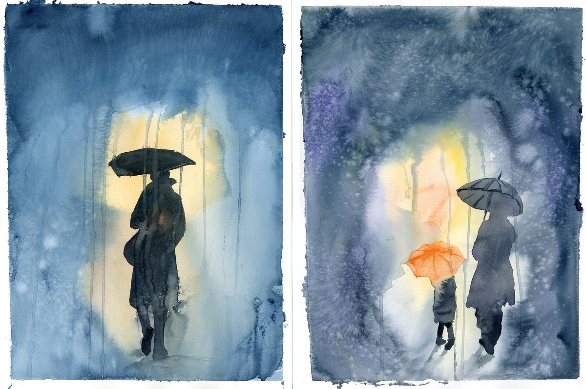 Expressive Portrait Watercolour By Olga Tchefranov (Shefranov), 22 X 15", Rainy Weather Set Of 2, Original Artwork