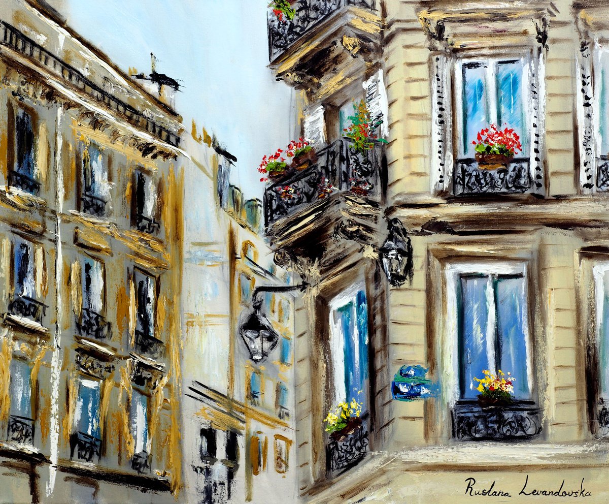 Impressionistic Cityscapes Oil Painting By Ruslana Levandovska, 24 X 20", Parisian Balconies, Original Artwork