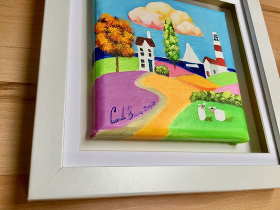 framed folk art sheep canvas painting