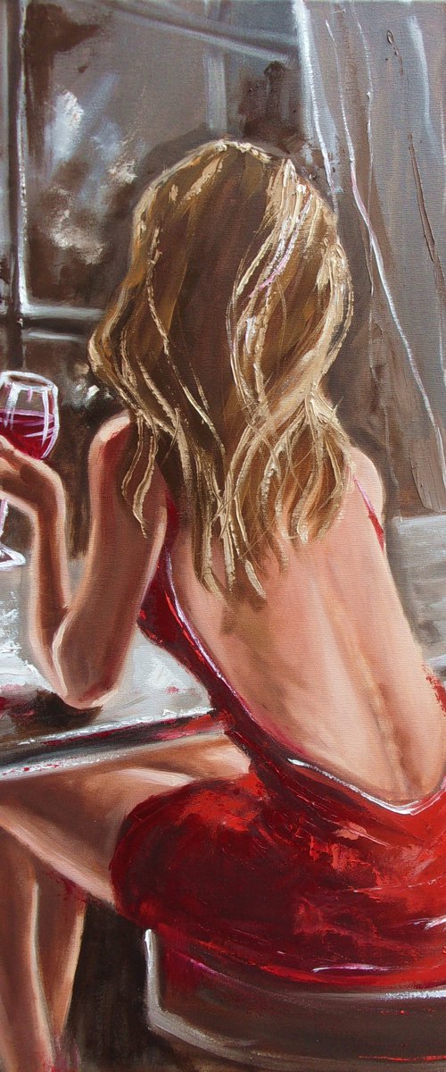 " LONELY EVENING ... "- red wine liGHt  ORIGINAL OIL PAINTING, GIFT, PALETTE KNIFE (2021) by Monika Luniak