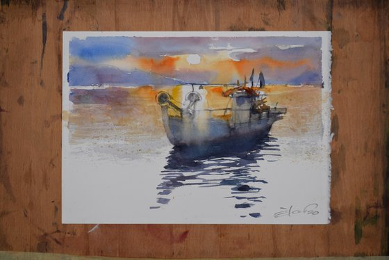 Fishing boat  in sunset