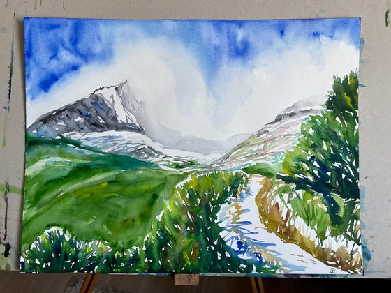 Mountain Original Watercolor Painting, Slovak Large Landscape Artwork, Nature Wall Art, Apres Ski Decor