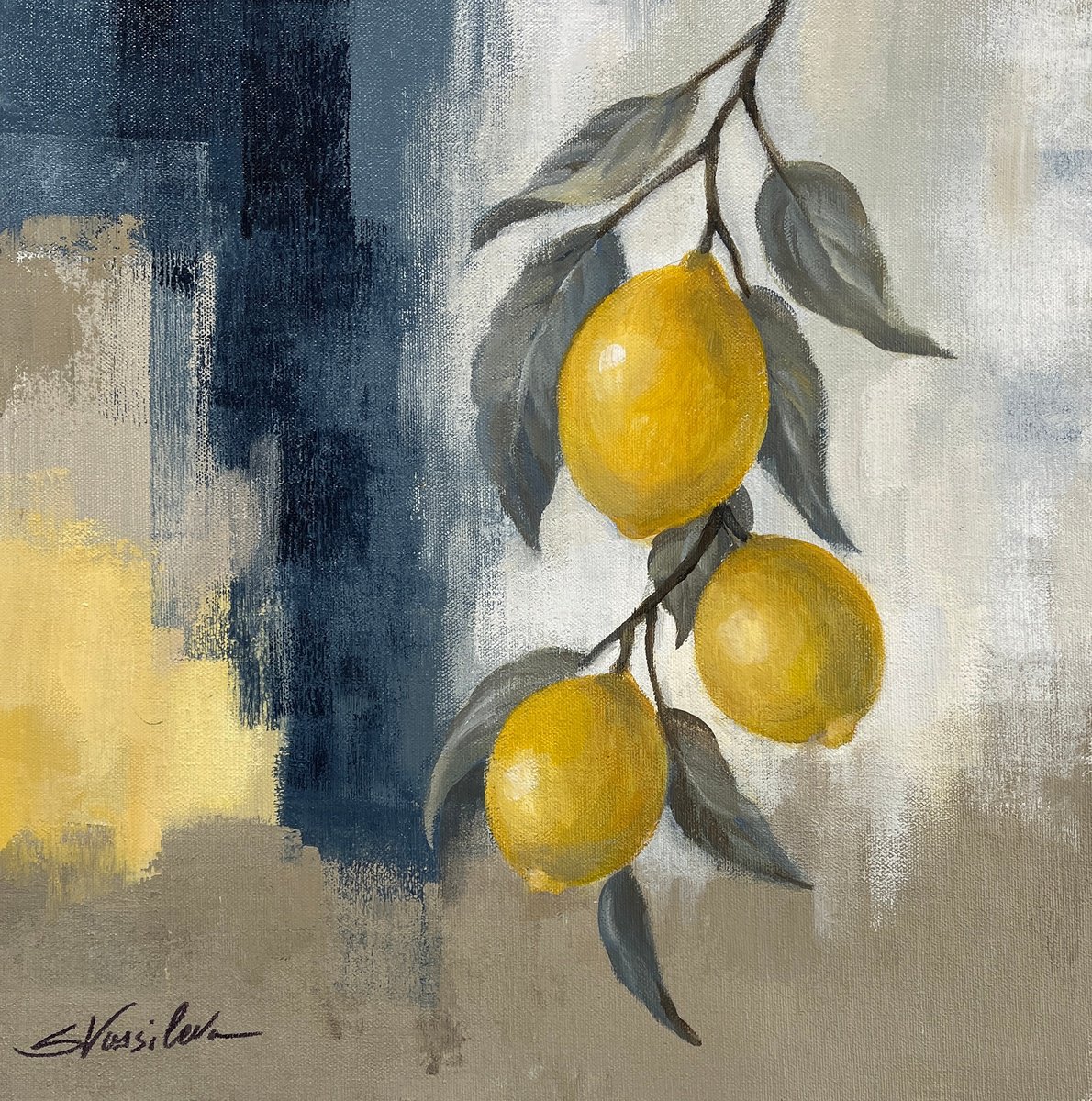 Expressive Botanical Acrylic Painting By Silvia Vassileva, 15 X 15", Lemons From The South I, Original Artwork