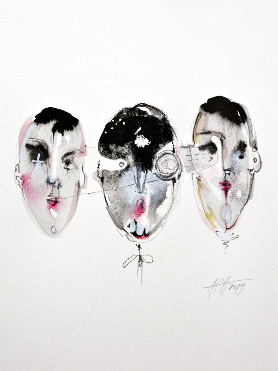 faces ink drawing