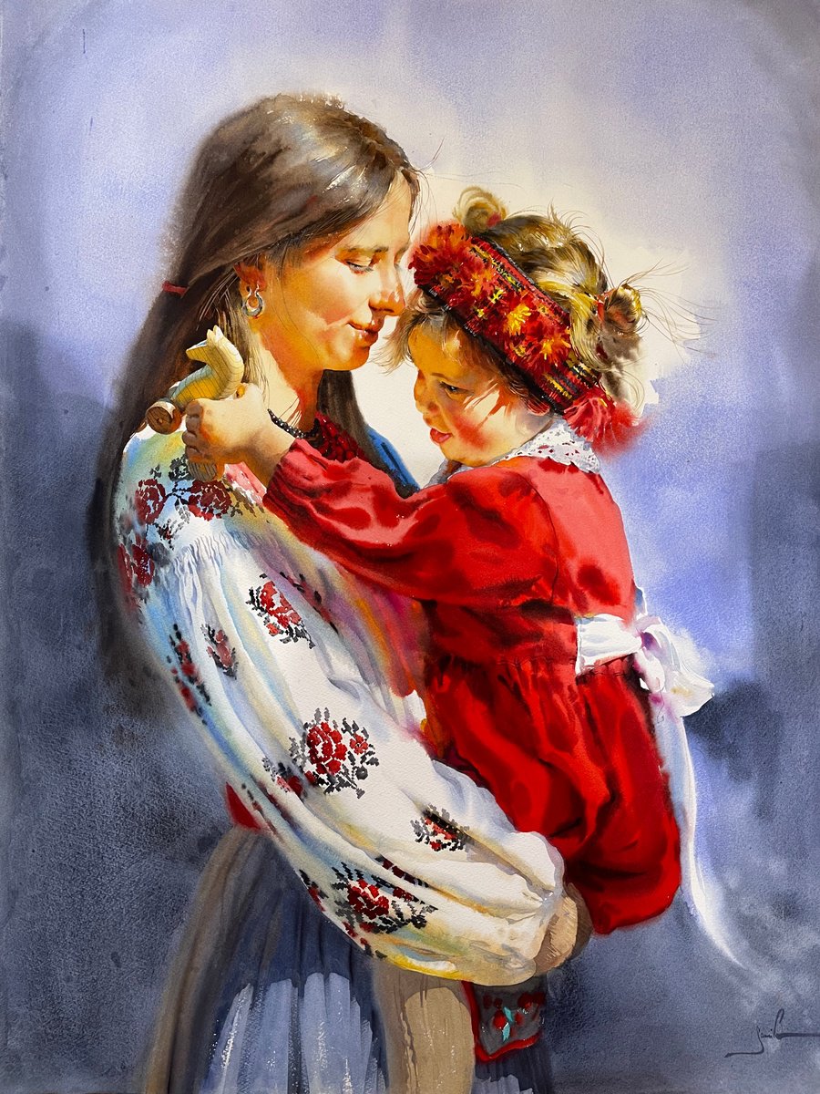 Expressive Portrait Watercolour By Samira Yanushkova, 30 X 39", In Arms, Original Artwork