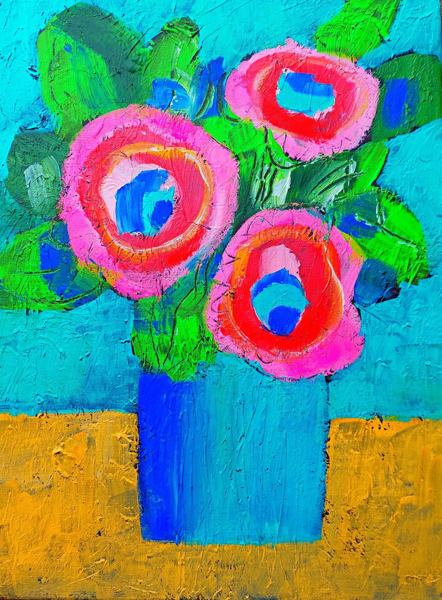 Summer Flowers in a Blue Vase by Jan Rippingham