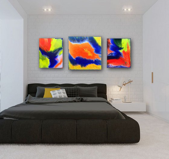 "Razzmatazz" - FREE USA SHIPPING - Original Triptych, Abstract PMS Acrylic Paintings Series - 56" x 24"