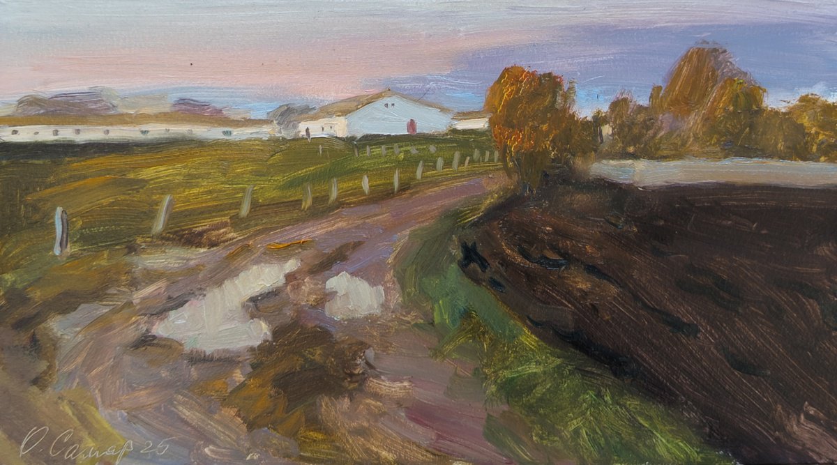Impressionistic Landscape Oil Painting By Olga Samar, 12 X 6", Countryside Evening, Original Artwork