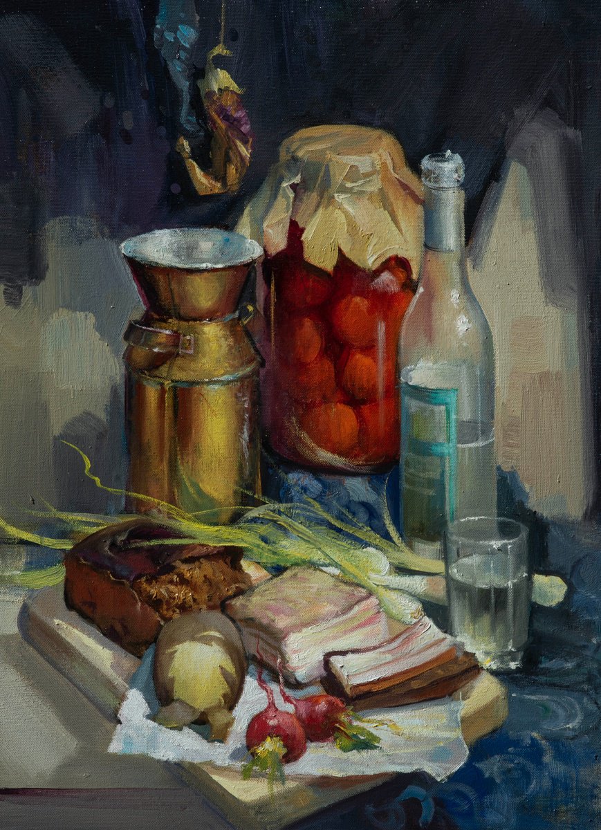 Impressionistic Still Life Oil Painting By Sergei Yatsenko, 18 X 24", Still Life With Radishes, Original Artwork