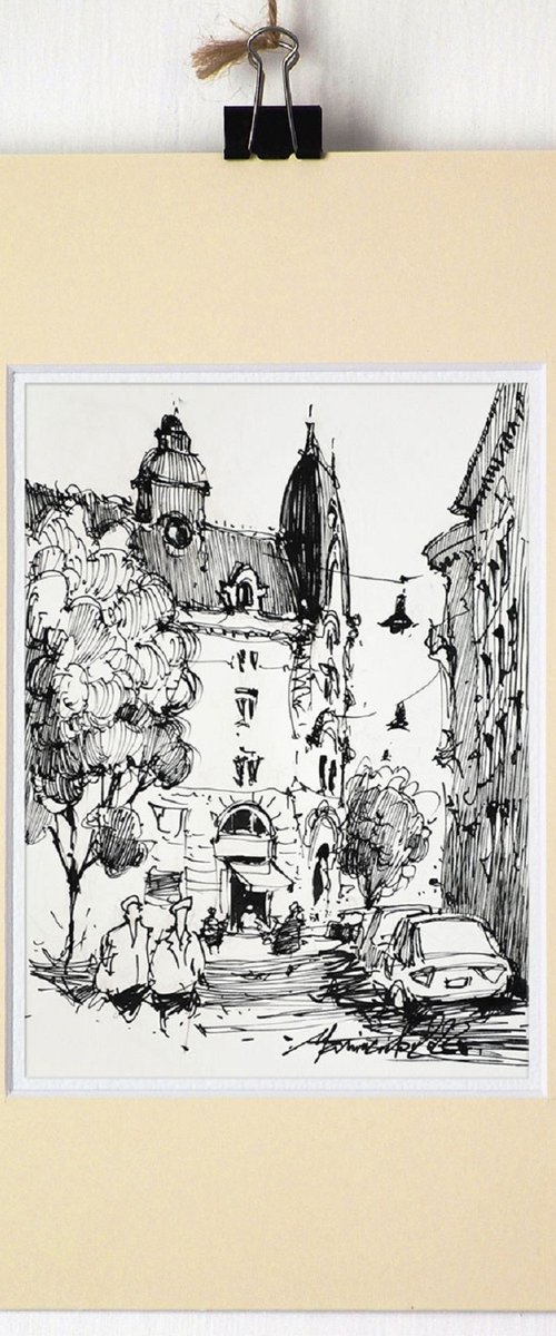 Urban cityscape, ink drawing on paper, 2022. by Marin Victor