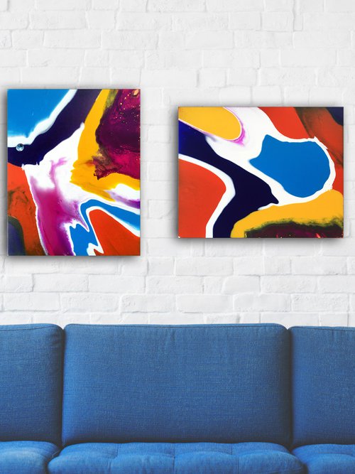 "Is This Enough Of A Production For You?" - Original PMS Abstract Diptych Fluid Acrylic Paintings On Canvas - 36" x 20" by Preston M. Smith (PMS)