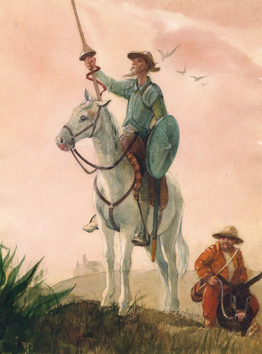 Impressionistic Portrait Watercolour By Reme Jr., 11 X 15", Don Quixote And Sancho Xx, Original Artwork