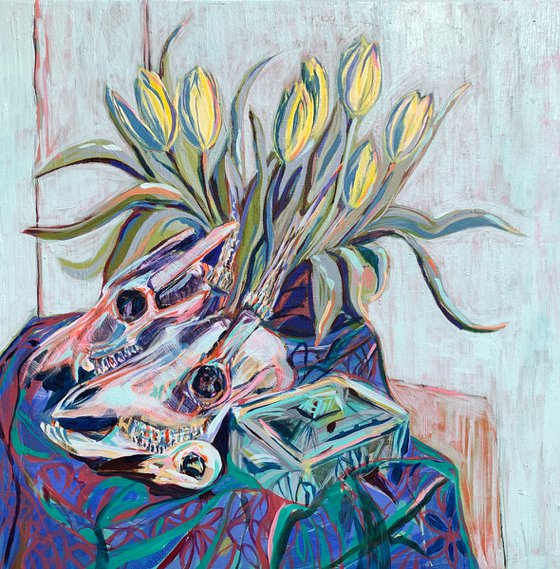Still Life with Skulls, tulips & Art Deco dish