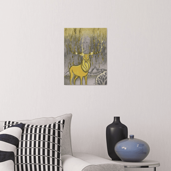 Golden deer, yellow deer on gray backgraund, gold leaf