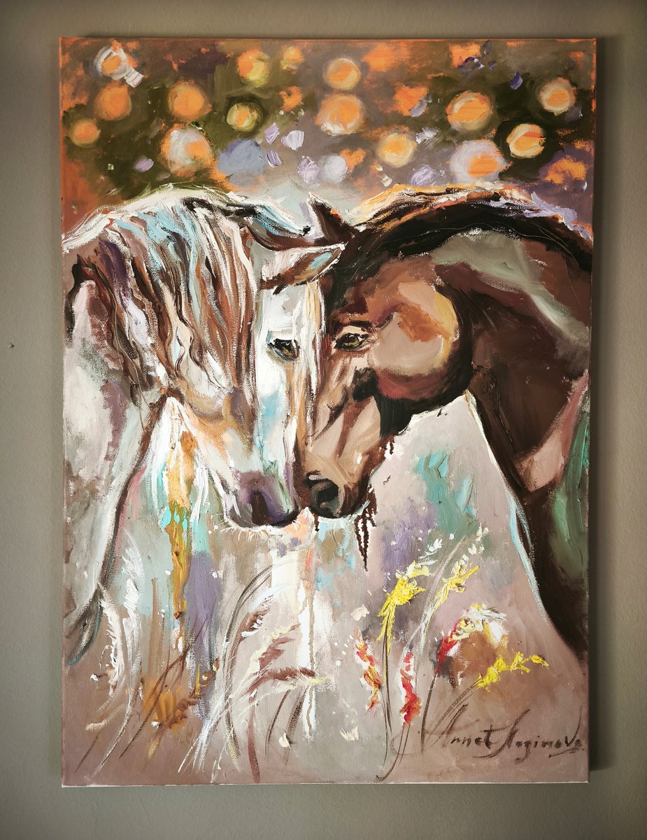 Impressionistic Landscape Oil Painting By Annet Loginova, 20 X 31, Horse Duo, Original Artwork