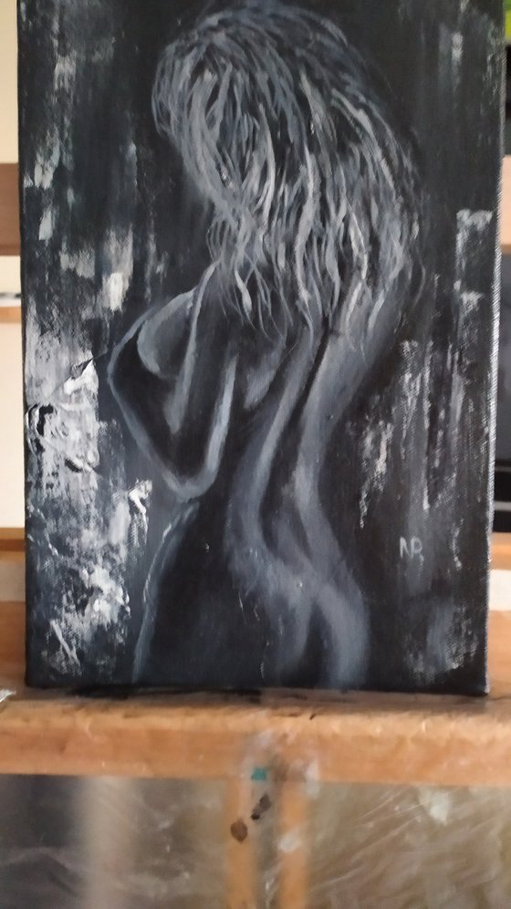 In candle light, original erotic nude girl oil painting, bedroom art