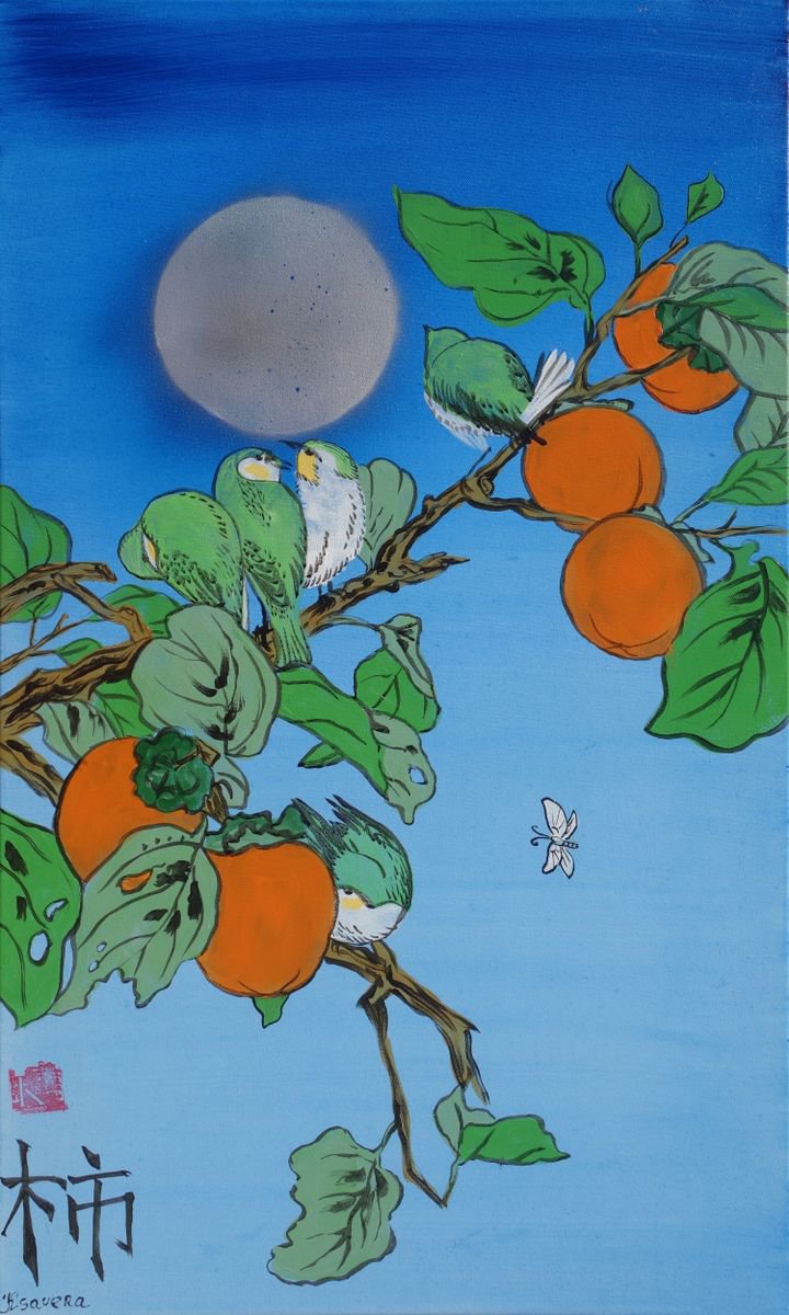 Persimmon brunch moon and birds Japan Hieroglyph original artwork in japanese style J099 r... by Ksavera