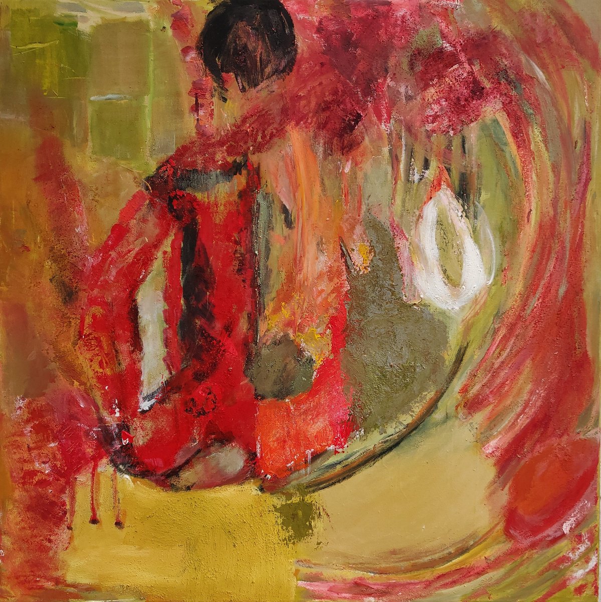 Abstract Acrylic Painting By Sylvie Dodin, 39 X 39", Red Inspiration, Original Artwork