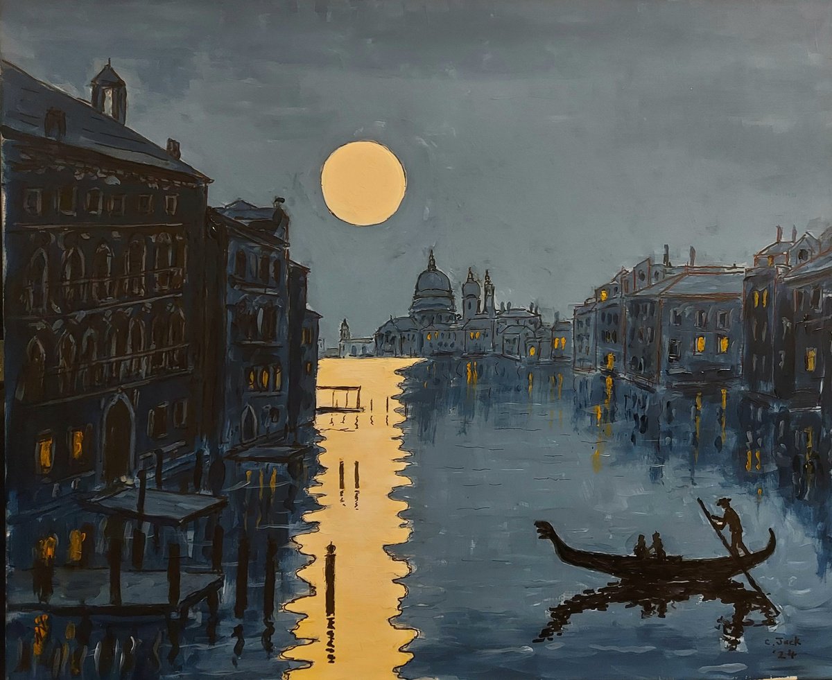 Cityscapes Acrylic Painting By Colin Ross Jack, 24 X 20, Moonlight, Grand Canal, Original Artwork