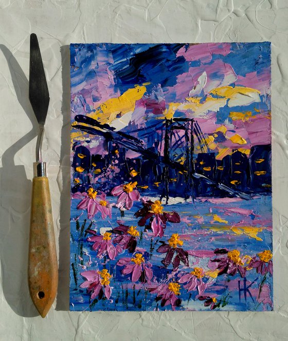 NYC Painting Cityscape Original Art New York Artwork Bridge Small Oil Impasto Home Wall Art 6 by 8" by Halyna Kirichenko