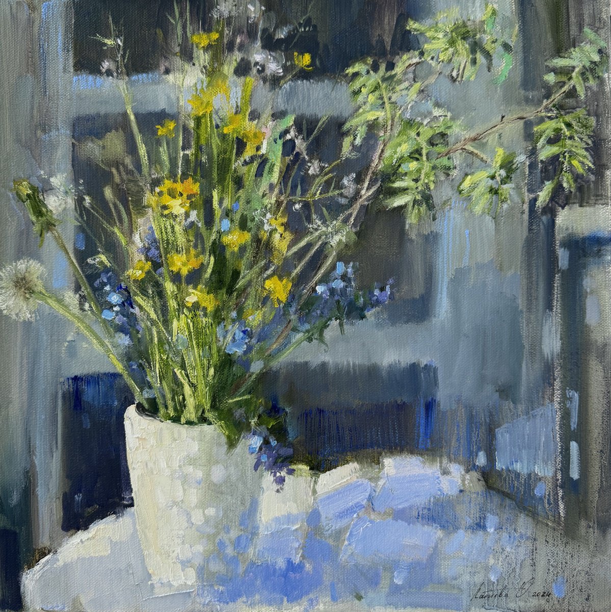 Impressionistic Botanical Oil Painting By Olha Laptieva, 16 X 16", Yellow-Blue Mood, Original Artwork