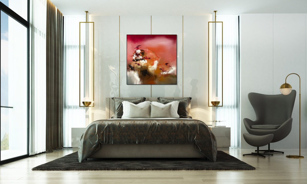 Surrealistic Landscape Oil Painting By Julia Swaby, 39 X 39", Sorbet Sky, Original Artwork