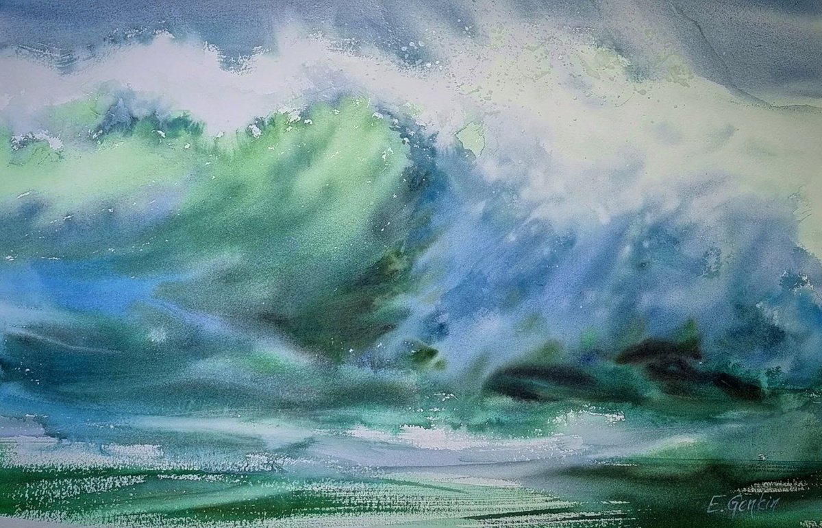 Impressionistic Landscape Watercolour By Elena Genkin, 22 X 15, The Sunny Wave - 7, Original Artwork