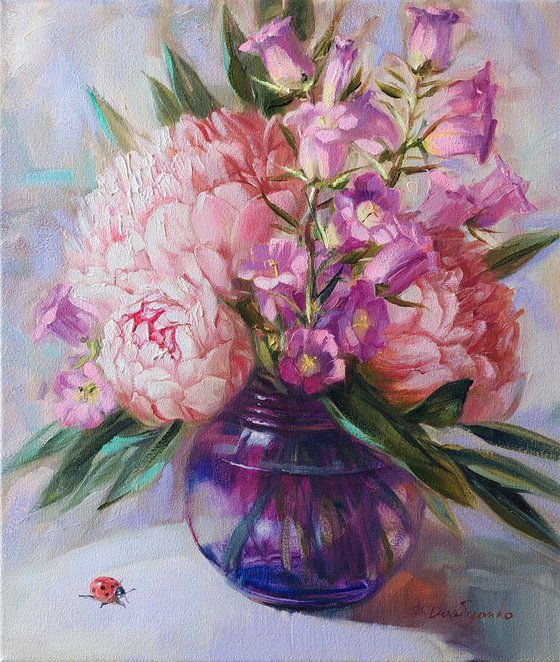Peony oil painting original canvas art, Pink flowers in glass painting 12x14 inch, Lady bug art