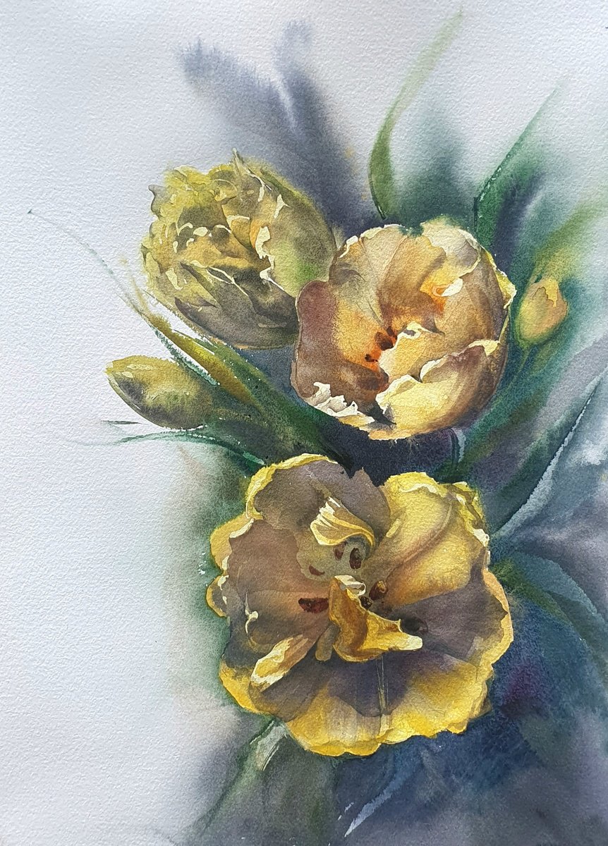 Impressionistic Botanical Watercolour By Sonata Art, 16 X 20", Gorgeous Yellow Tendency, Original Artwork