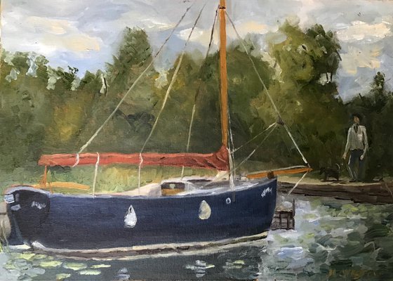 Blue boat on the Broads, an original oil painting