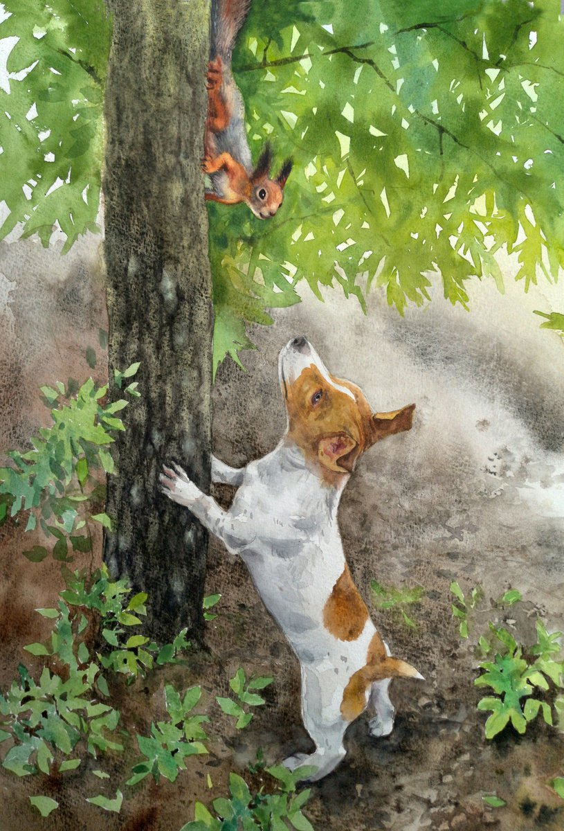 An unexpected meeting. Jack Russell in Park sees a squirrel by Olga Beliaeva Watercolour