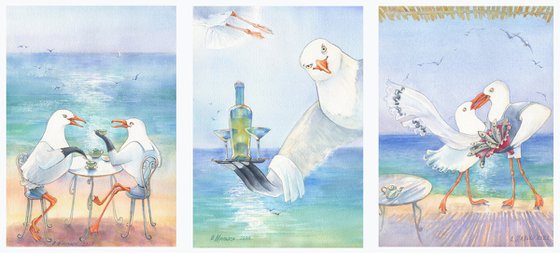 Series Coastal Cafe / ORIGINAL watercolor Unique pictures Seagulls Sea illustration