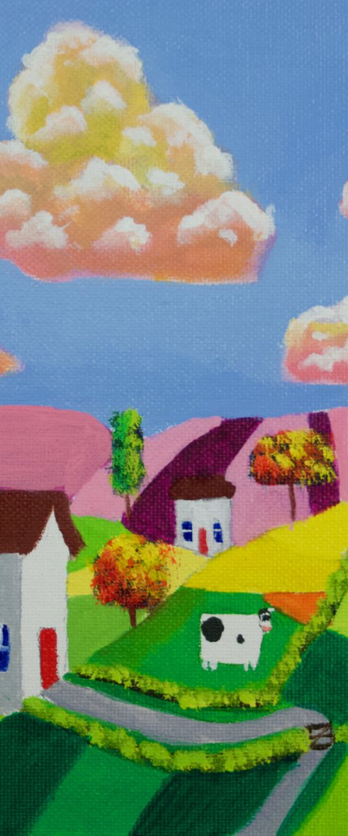 Little houses folk art oil painting on panel by Gordon Bruce