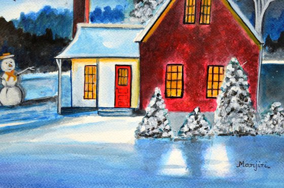 Winter Cottage with snowman Christmas holiday art