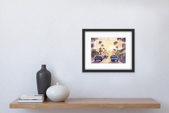 The road with cars in Los Angeles. Sunset. Original watercolor artwork.