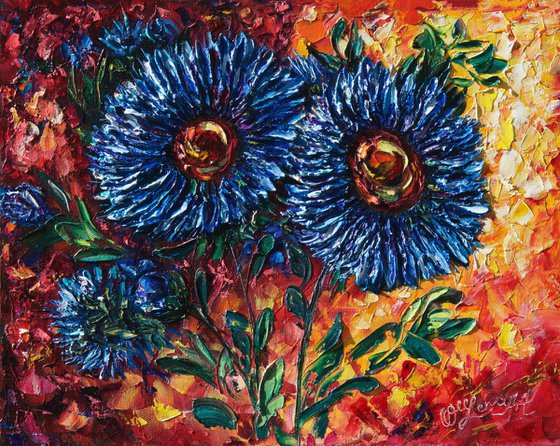 Blue Asters ( PALETTE KNIFE Oil Painting On Canvas )