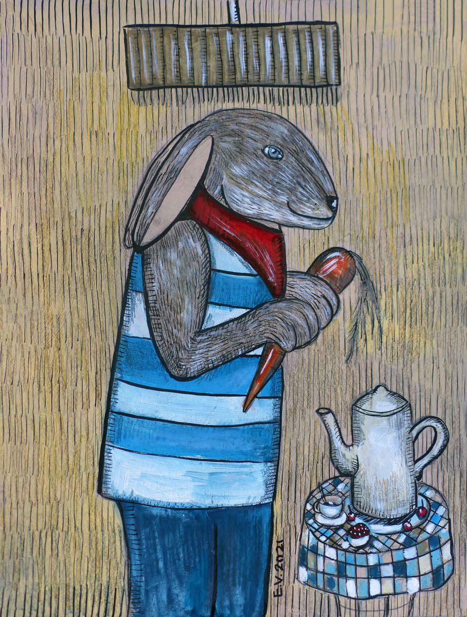 Naive Animal Painting By Elizabeth Vlasova, 11 X 14, Special Tea, Original Artwork